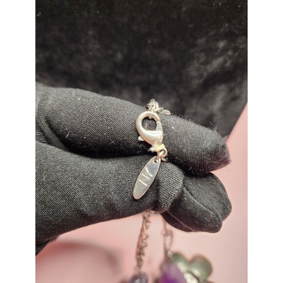 VINTAGE 90'S PURPLE NY ENAMEL FLOWER NECKLACE RHINESTONE SILVER TONE MIXED MEDIA - Picture 5 of 8